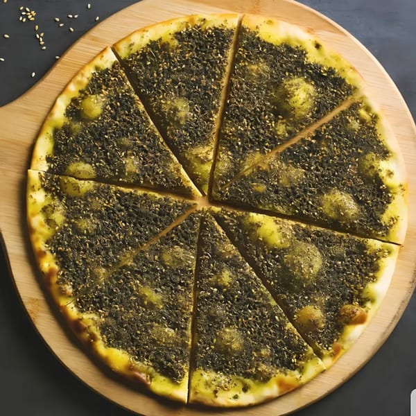 KINZI's round zaatar manakish, cut into eight slices, on a wooden serving board.